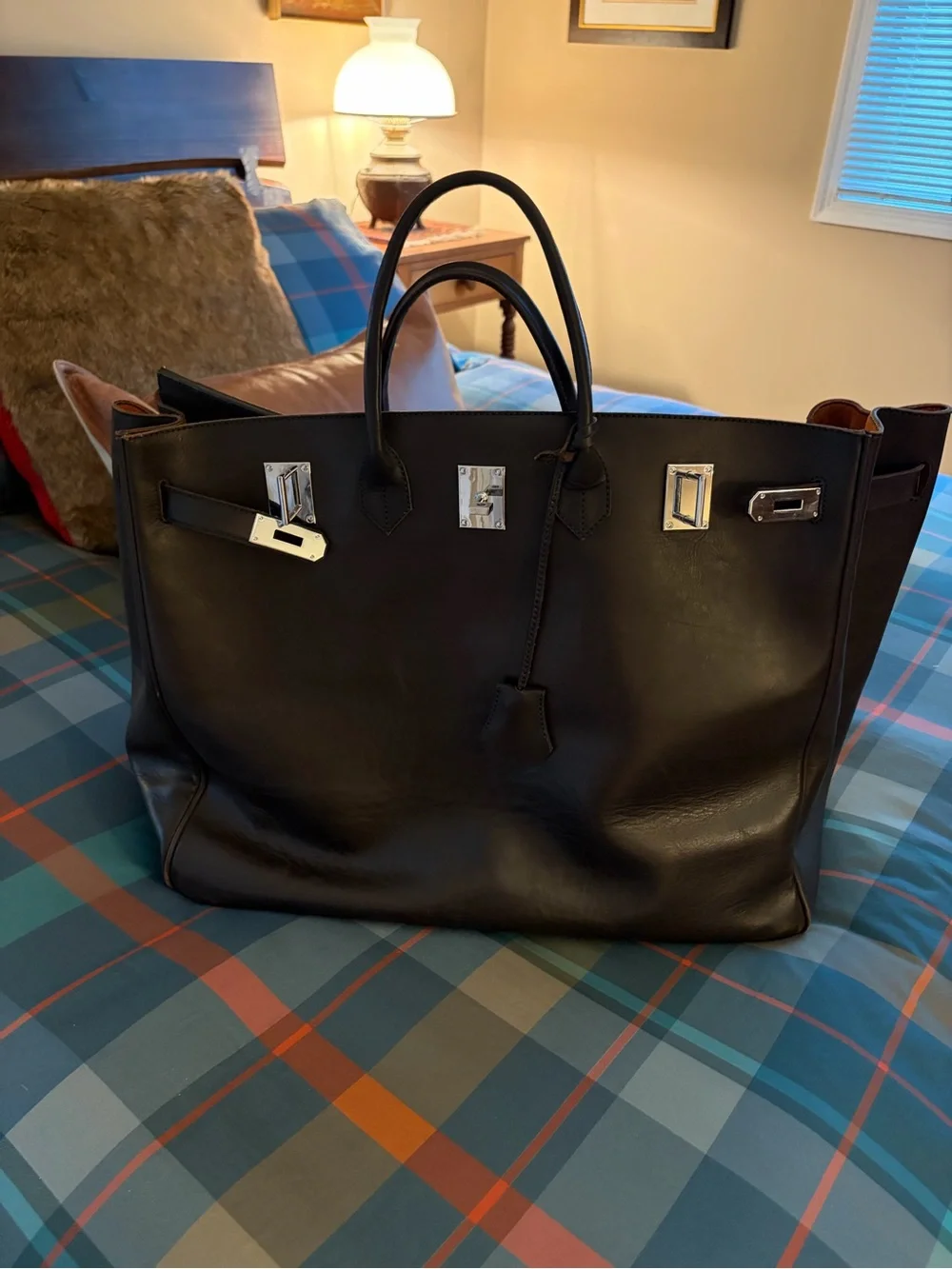 Brown Leather Tote Bag with Silver Hardware
